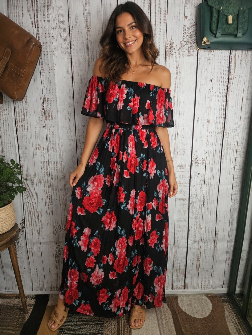 Off-Shoulder Black Floral Maxi Dress with Red Blooms